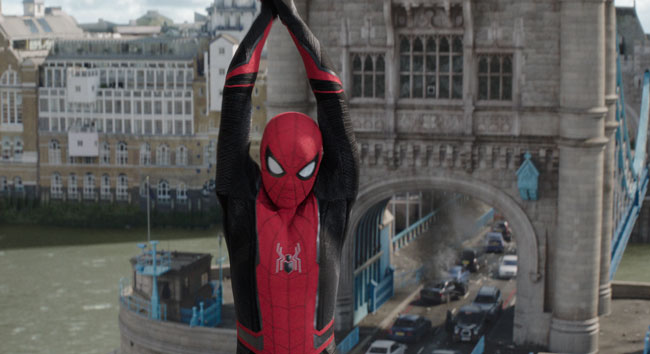 Spider-Man flying through Prague